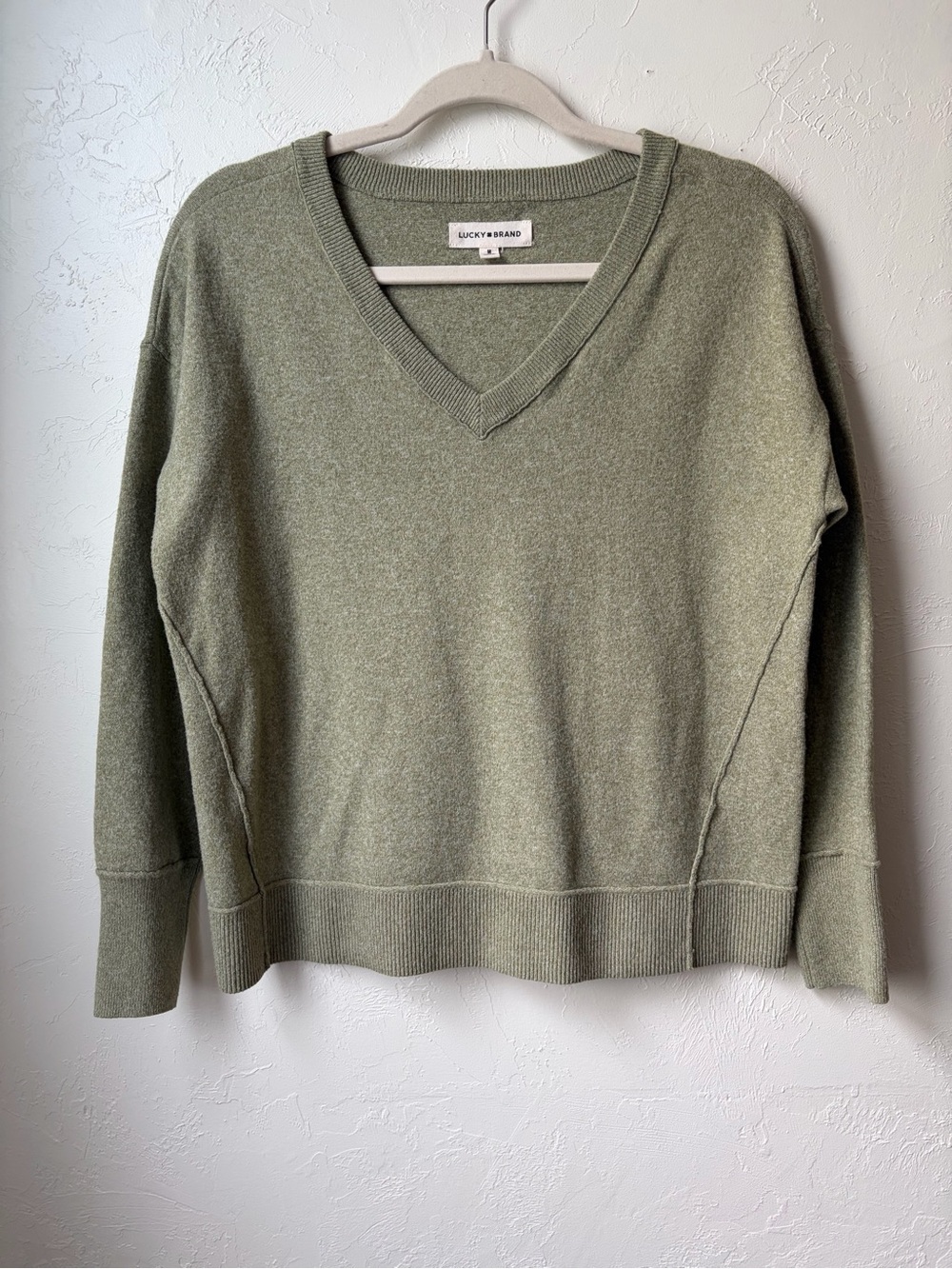 Lucky Brand Olive Green V Neck Sweater Exposed Seam Detail M